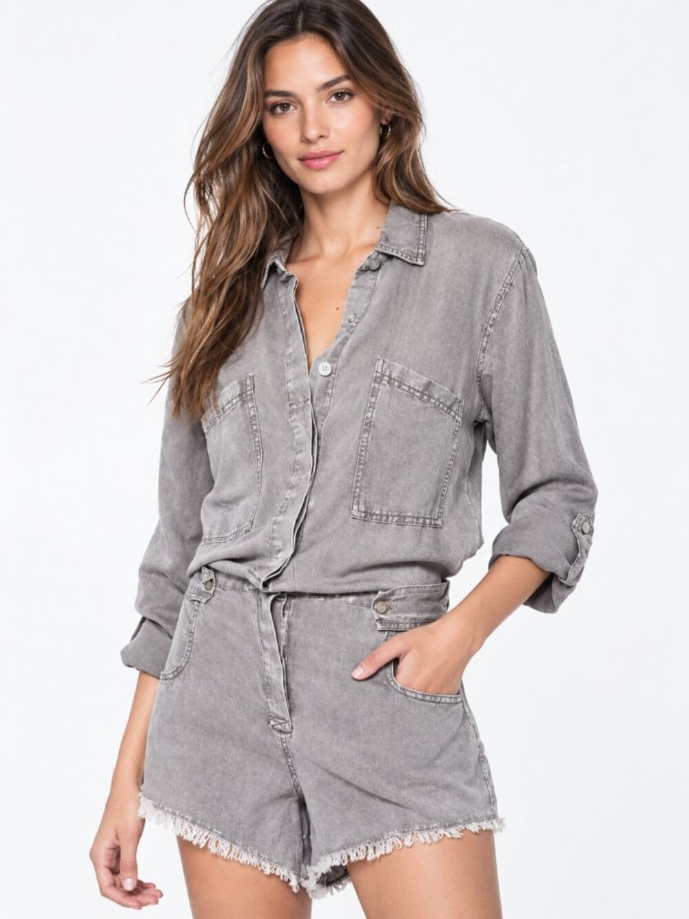 Young Fabulous Broke River Raw Edge Linen Romper Driftwood Mineral Utility